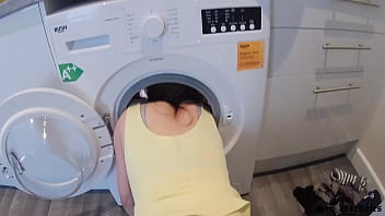 European babe gets stuck in the washing machine